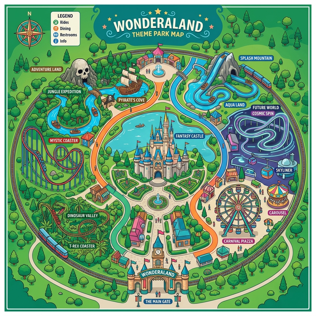 Illustrated theme park map showing rides, rollercoasters and paths